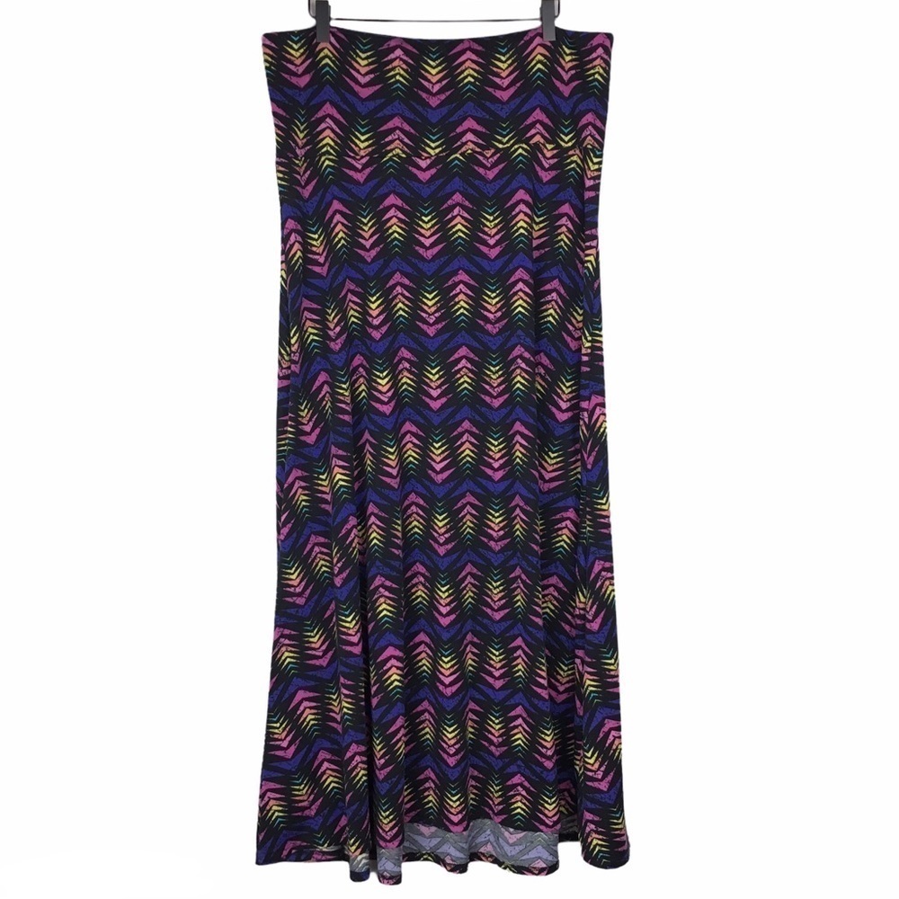 LULAROE Maxi Skirt Rainbow Arrows Fish Neon Colors Bright Long Stretchy Size XL